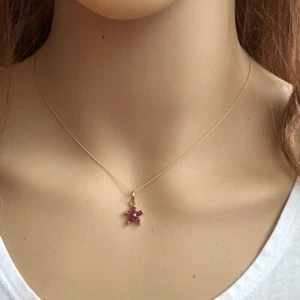 14K Solid Gold Mini Red Flower Charm Pendant Dainty Necklace - Minimalist - Picture 1 of 7