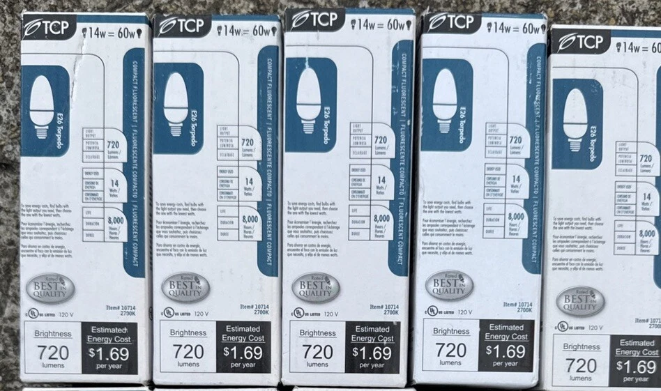 5x TCP 10714 CFL Torpedo - 14W=60W Soft White (2700K) Medium Base Light Bulb - Image 1 of 1