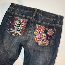 Ed Hardy Christian Audigier Skulls Flowers Flare Jeans Size 27 EUC