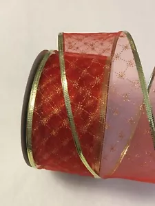 5 yds. RED with GOLD STARBURST SHEER WIRE EDGE RIBBON 2 1/2" Wide - Picture 1 of 1