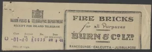 AOPIMT Indien 1933 Telegrafenquittung mit Burns & Co FIRE STRICKS Werbung - Bild 1 von 2