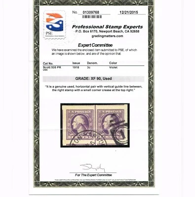 EXCEPTIONAL GENUINE SCOTT #535 USED LINE PAIR PSE CERT GRADED XF-90 #9707 - Image 1 of 3