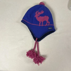 Patagonia Hat Youth Medium 6-10 Merino Wool Knit Ski Snow Ear Flaps Pom Poms - Picture 1 of 7