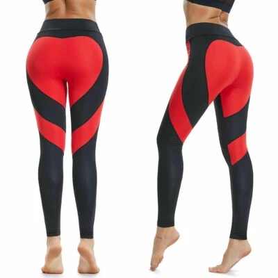 Pantalones de Yoga Leggings Negros con Rojo o Rosa Corazón Elastizados Pantalones de Entrenamiento Cintura Alta Foto 1 de 4