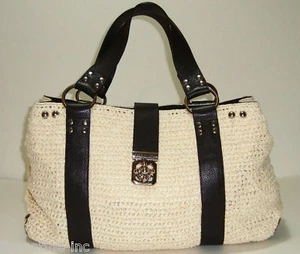 BEAUTIFUL BCBGMAXAZRIA STRAW&LEATHER TOTE BAG - Picture 1 of 10