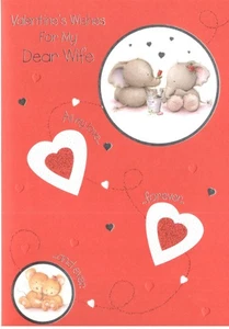 Valentine's Card For Wife. Cute Animal Design Red Glitter Hearts 13 x 19 cm - Picture 1 of 2
