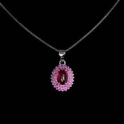 925 Sterling Silver Necklace Oval Ruby 7x5mm Ruby Diamond Cut Gemstone 18 Inches - Image 1 of 4