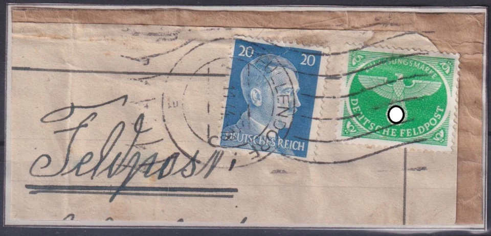 DR 20 Pf. & Feldpost Zulassungsmarke Mi.Nr. 4 Briefstück Pfullendorf Nov. 1944 - Bild 1 von 1