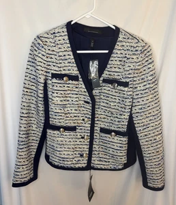 NWT WHBM Tweed Navy Ecru Jacket silver buttons sz 10 Polished preppy - Picture 1 of 5