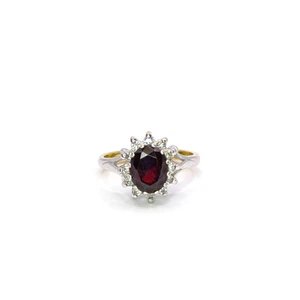 Diamond and Garnet Halo Ring – 18K Gold, Size J, 4.5g - Picture 1 of 6