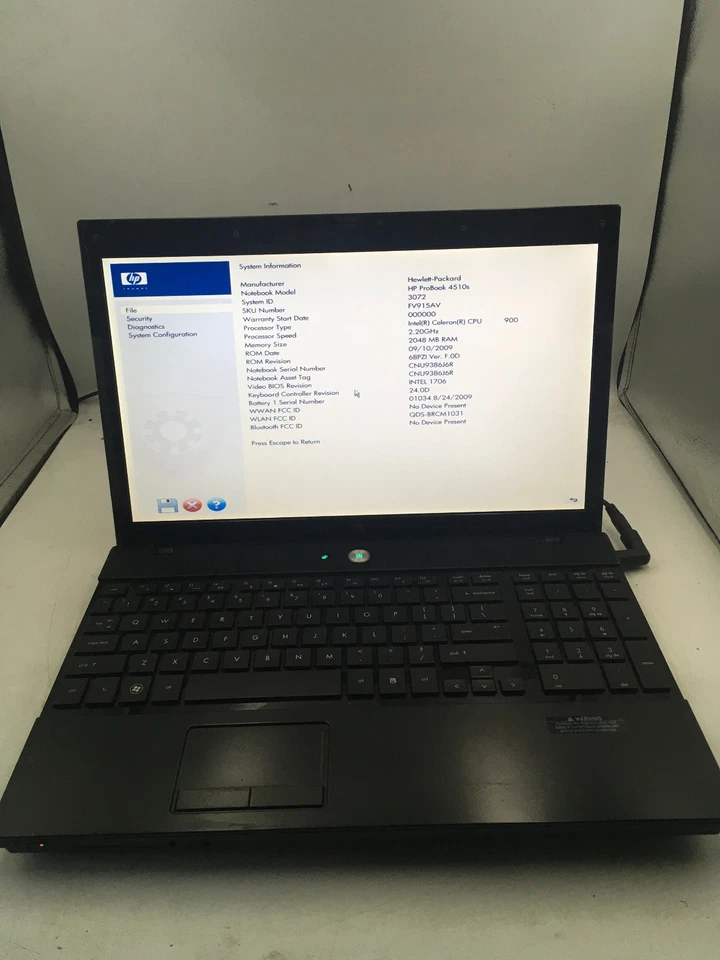 HP PROBOOK 4510S - BOOTS TO BIOS - INTEL CELERON 900 - 2GB RAM -READ DESCRIP- BB - Image 1 of 4