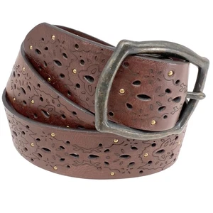 Vintage Tooled Leather Belt 44″ Brown Brass Studs Boho Western Unbranded - Picture 1 of 5