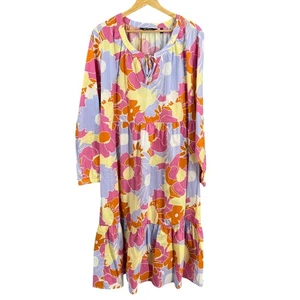 Ulla Popken Tiered Midi Dress Cotton Bright Big Retro Floral Size 16/18 - Picture 1 of 4