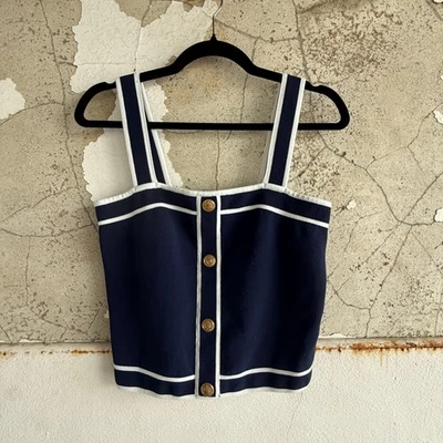 Camiseta sin mangas Bailey 44 azul marino dorado botón frontal tejido elástico ropa de resort XL Foto 1 de 4