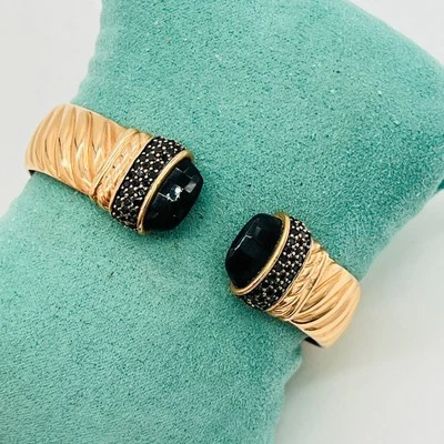 Brazalete Bronce Milor Italia Firmado Acanalado Bisagras Tono Oro Rosa Pavé Ónix Foto 1 de 4