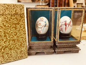 Chinese Eggs Set Of 2 Hand Painted Eggs In Glass Display Cases Signed Birds - Picture 1 of 14