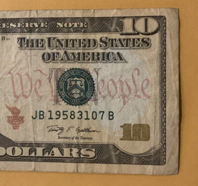 Birthday Serial $10 US Note,S# JB 1958/31/07 B - Image 1 of 3