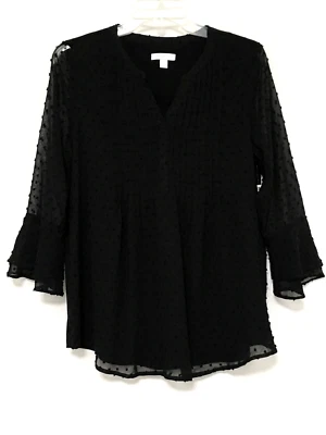 Charter Club 女式 S 码黑色双褶夹圆点 Pintuck 上装 — 第 1/4 张图片