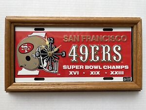 Vintage San Francisco 49ers Super Bowl Champs NFL License Plate Clock Wood Frame