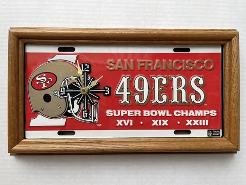 Vintage San Francisco 49ers Super Bowl Champs NFL License Plate Clock Wood Frame Cover