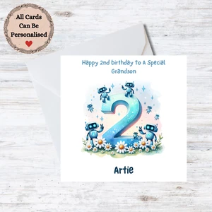 Personalised 2nd Birthday Grandson Card Robots Customisable Name - Picture 1 of 1