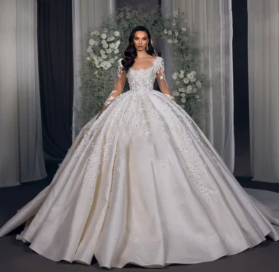 Luxury Satin Full Sleeves Ball Gown Wedding Dresses Beading Pearls 3D Appliques - Image 1 of 4