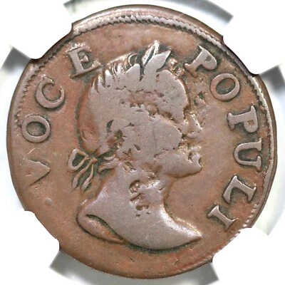 1760 N-6 R-5 NGC VF 20 No P Voce Populi Half Penny Colonial Coin 1/2P - Image 1 of 3