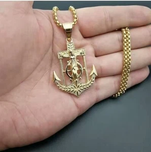 Hip Hop Titan Stahl vergoldet Jesus Christus Kreuz Anker Religion Halskette - Bild 1 von 8