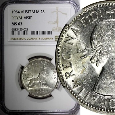 Australia Silver 1954 Florin NGC MS62 Royal Visit of Elizabeth II KM# 55 (021) - Image 1 of 4