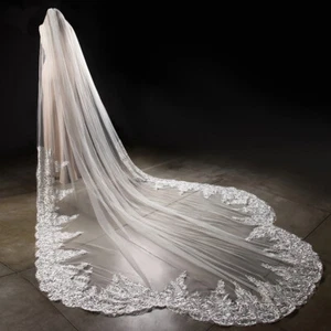 Apliques de velo de boda longitud catedral borde de encaje blanco accesorios de novia - Imagen 1 de 14