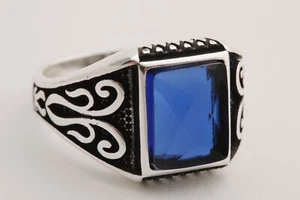 Turkish Style Handmade Jewelry Rectangle Sapphire925 Sterling Silver Men's Ring - Picture 1 of 9