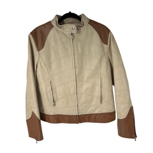 Marcia Italian Leather Two Tone Jacket with Removable Liner Tan Brown Women’s - Picture 1 of 12