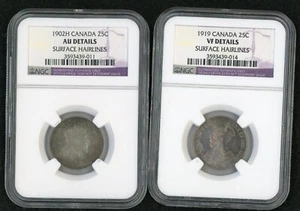 1902-H Canada 25c NGC AU Details, 1919 Canada 25c NGC VF Details - Picture 1 of 2