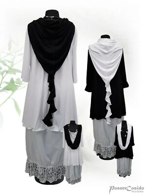 PoCo DeSiGn Lagenlook Jersey Capuchon Zipfel-Kapuzen-Schal weiß schwarz grau ❹Fb