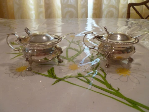 Antique Sheffield Sterling Silver Master Open Salt Cellars 1929 14oz Cover