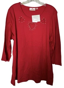 NWT Quacker Factory Sparkle Heart Cut Out 3/4 Sleeve T-Shirt Red Women’s Size 1X - Picture 1 of 2