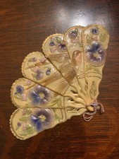 Victorian Molded Painted Celluloid Swallow Fan Pansy Floral Design 1800’s