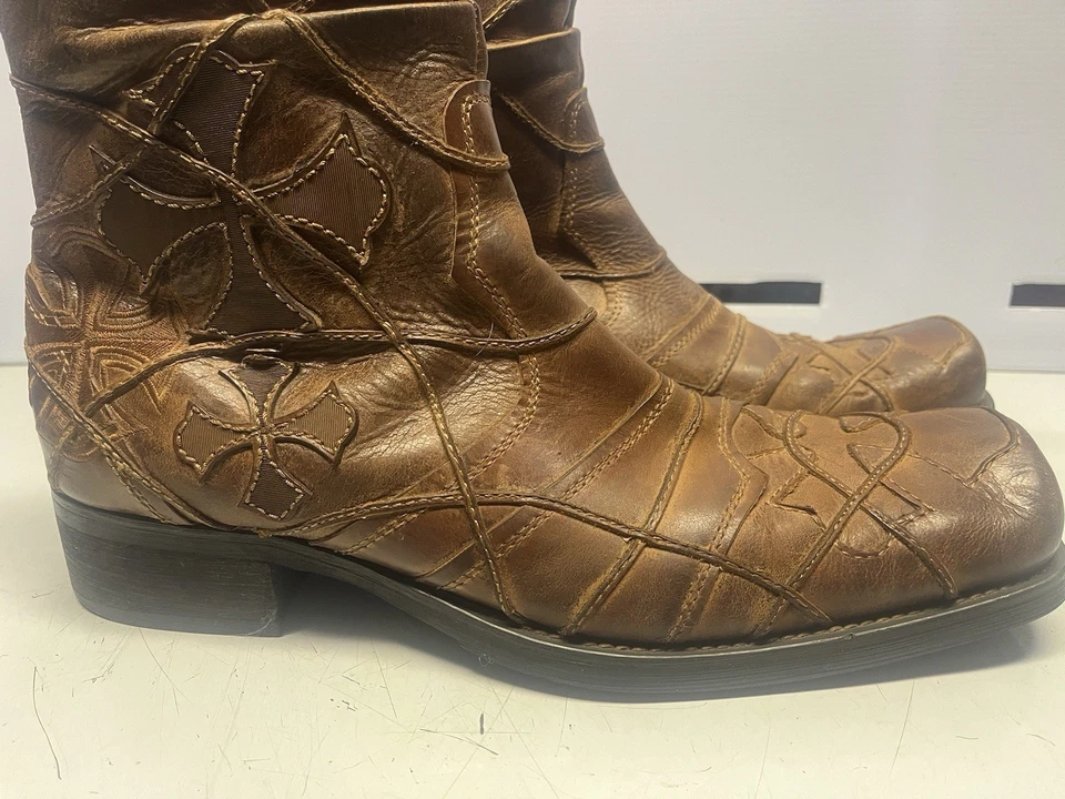 Mark Nason DARKSTAR Biker Rock Lives Dragon Leather Brown Boots Men 10.5 Crosses - Image 1 of 4
