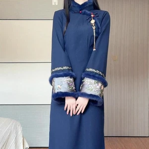 Invierno Retro Terciopelo Espesado Cheongsam Mangas Largas Cálido Estilo Chino Vestidos - Imagen 1 de 15