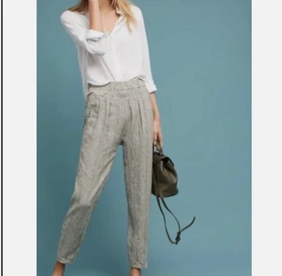Pantalones Anthropologie Mujer Lino Rayas Pull On Playa Lagenlook Verde Talla-M Foto 1 de 4