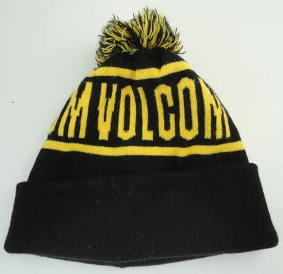 VOLCOM Black/Yellow Roll Over Beanie Knit Hat Cap w/ Pom Pom - Image 1 of 2