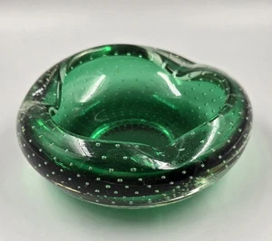 **ERICKSON Art Glass Emerald Green/Clear Cased Controlled Bubble Ashtray 5"** - Picture 1 of 6