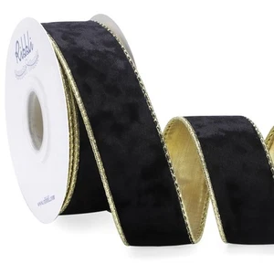 Black Velvet Wired Ribbon 1.5 Inch Metallic Black Gold Crushed Velvet Christm... - Picture 1 of 5