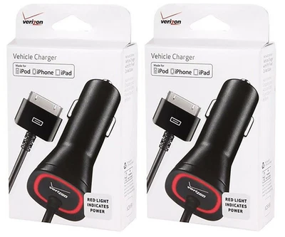 2 PACK - Verizon MFI Apple iPhone 3G/4/4S/iPad 2 - 30 Pin 2.1 AMP Car Charger - Image 1 of 2
