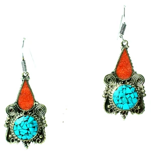 Ohrringe Natur Türkis Koralle Edelstein Handarbeit Tibetisch Antikschmuck - Bild 1 von 2