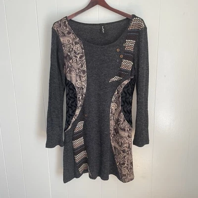 Vestido túnica boho Sacred Threads M retazos cachemira ganchillo festival Lagenlook Foto 1 de 4