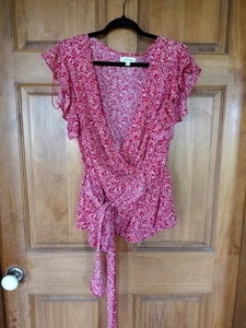 Max Studio Red White Floral Blouse Top Stretch With Tie XL - Picture 1 of 5