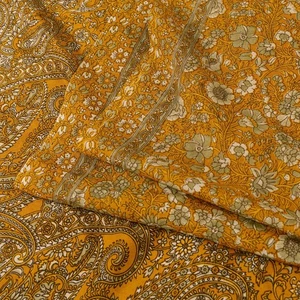 Sanskriti Vintage Indian Sarees Yellow Moss Crepe Printed Sari 5+Yd Craft Fabric - Picture 1 of 12