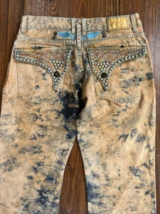 Jeans Robins tasche lunghe con patta strass borchie lavaggio acido Y2K taglia 32 - Foto 1 di 7