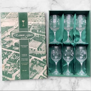 Eamon Glass Ireland Wine Glasses Set of 6 Claddagh Shamrock Etched Vintage - Picture 1 of 3